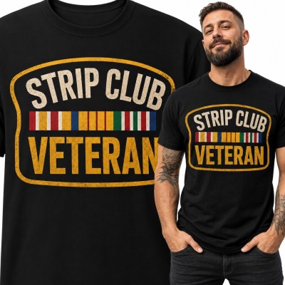 Koszulka męska „Strip Club Veteran” - żartobliwa naszywka z baretką odznaczeń