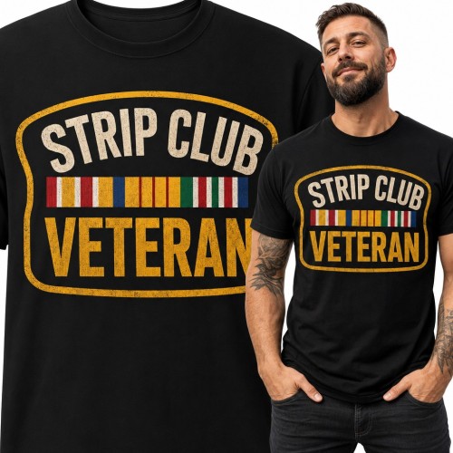 Koszulka męska „Strip Club Veteran” - żartobliwa naszywka z baretką odznaczeń