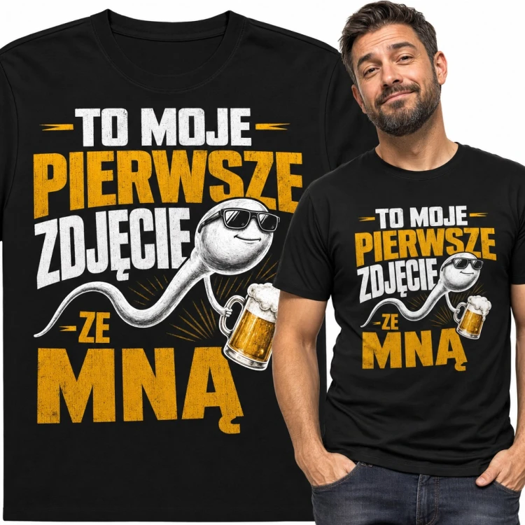 Koszulka męska „To moje pierwsze zdjęcie ze mną” - plemnik z piwem w okularach