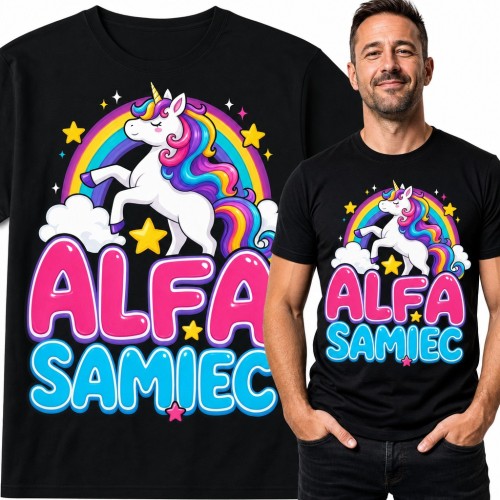Koszulka męska „Alfa samiec” z jednorożcem i tęczą