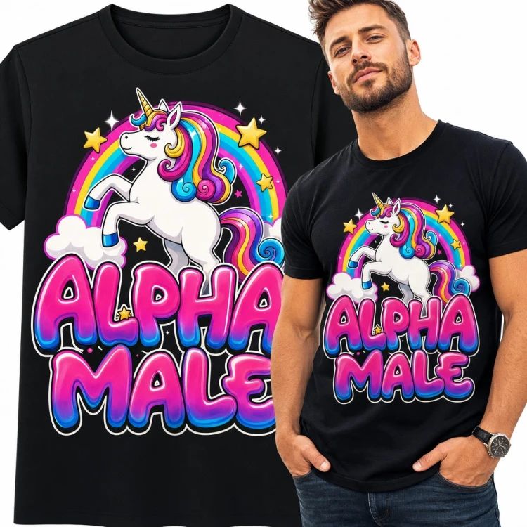 Koszulka męska z jednorożcem i tęczą „Alpha male” - ironiczny samiec alfa