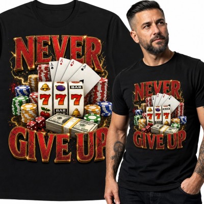 Koszulka męska poker i kasyno „Never give up” - automat 777, asy i żetony