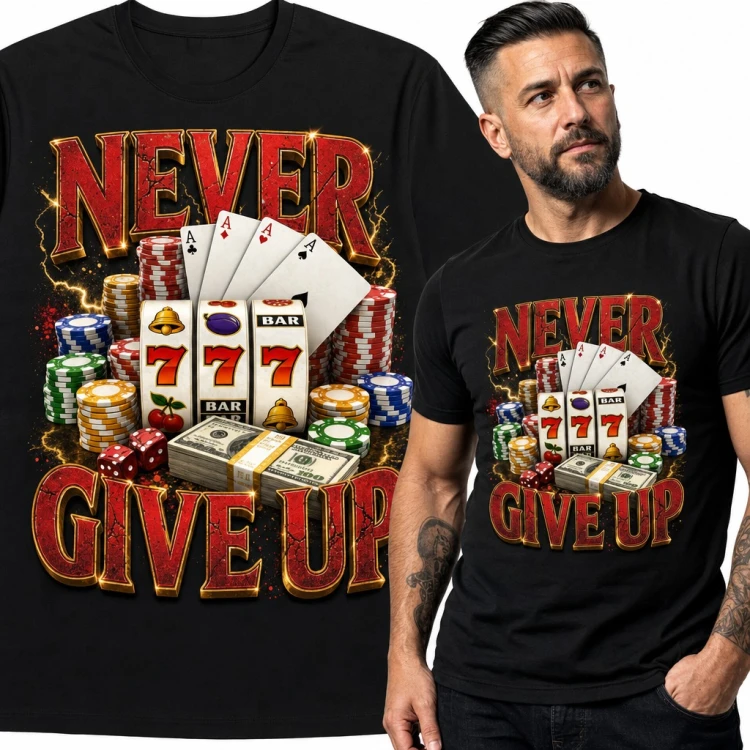 Koszulka męska poker i kasyno „Never give up” - automat 777, asy i żetony