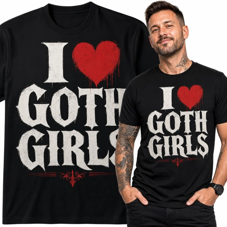 Koszulka męska „I ♥ Goth Girls” - gotyckie litery i czerwone serce