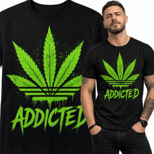 Koszulka męska z liściem konopi i trzema paskami - „Addicted” w stylu graffiti