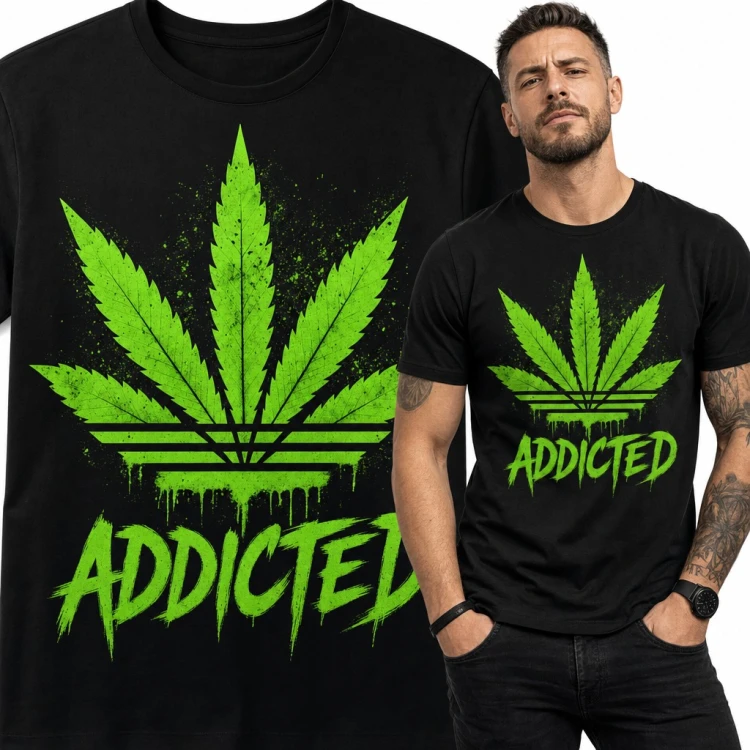 Koszulka męska z liściem konopi i trzema paskami - „Addicted” w stylu graffiti