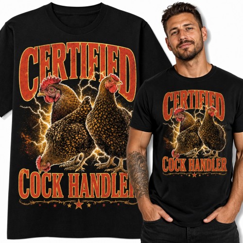 Koszulka męska kury z błyskawicami „Certified cock handler” - dla hodowcy drobiu