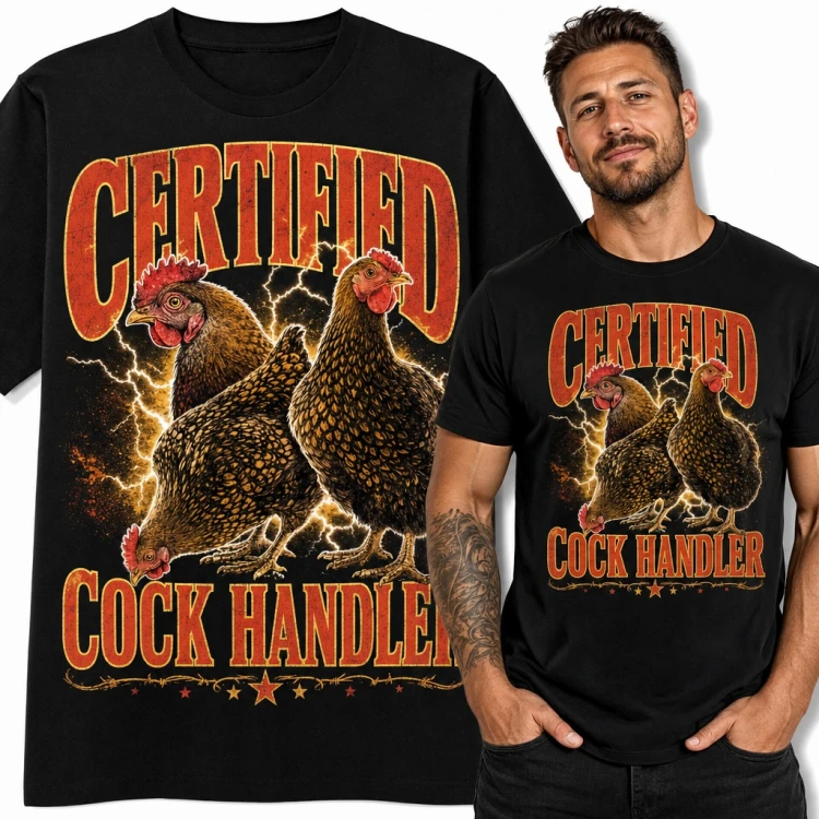 Koszulka męska kury z błyskawicami „Certified cock handler” - dla hodowcy drobiu