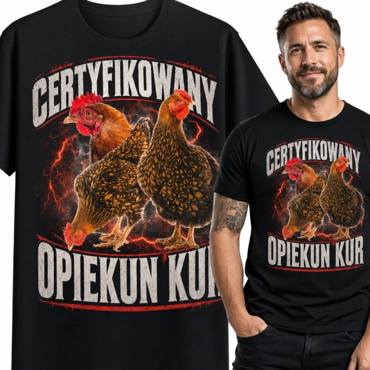 Koszulka męska „Certyfikowany opiekun kur” - trzy kury i błyskawice dla hodowcy
