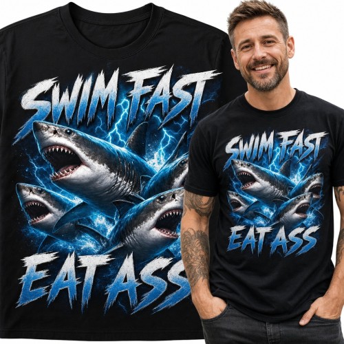 Koszulka męska z rekinami i błyskawicami - mem „Swim fast eat ass”