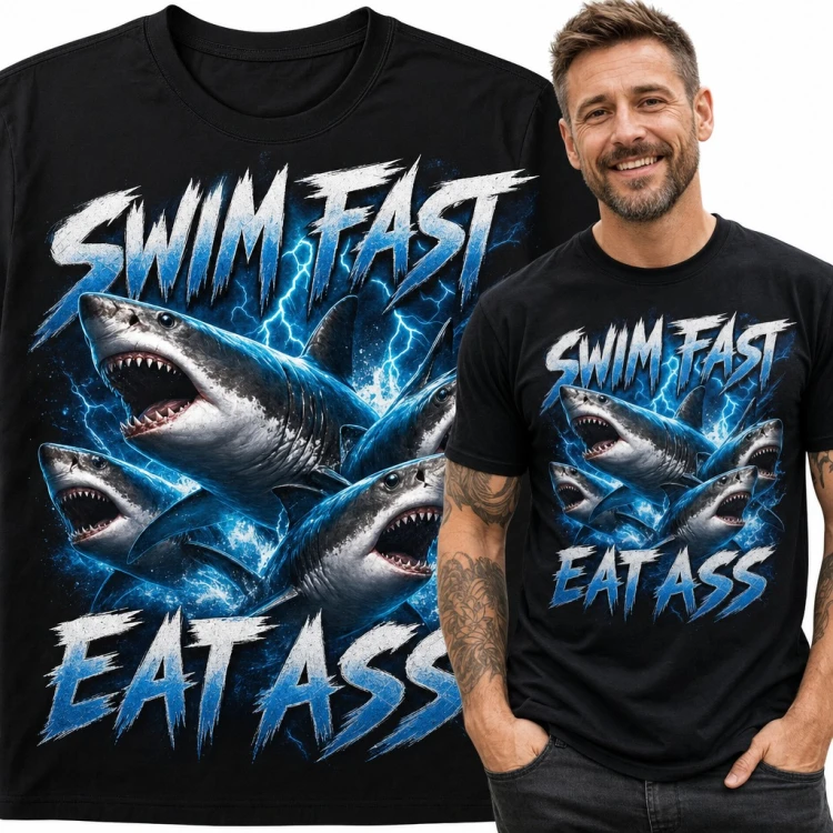 Koszulka męska z rekinami i błyskawicami - mem „Swim fast eat ass”