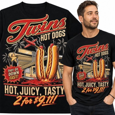 Koszulka męska „Twins Hot Dogs” - retro szyld baru z czarnym humorem
