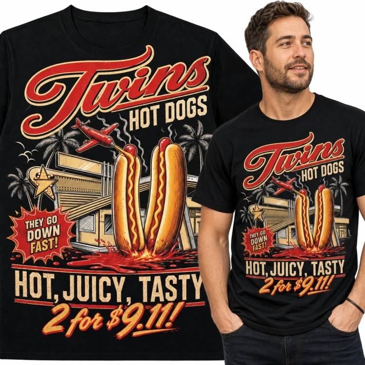 Koszulka męska „Twins Hot Dogs” - retro szyld baru z czarnym humorem