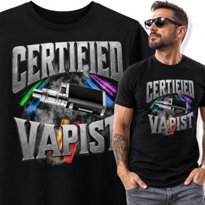 Koszulka męska „Certified Vapist” z e-papierosem i chmurą pary dla vapera
