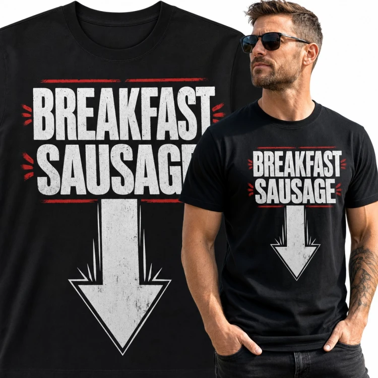 Koszulka męska „Breakfast Sausage” ze strzałką w dół - dwuznaczny żart