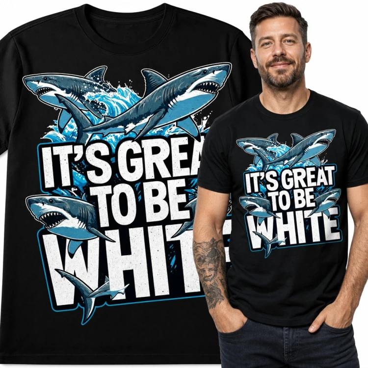 Koszulka męska z żarłaczami białymi „It's great to be white” - rekiny w falach