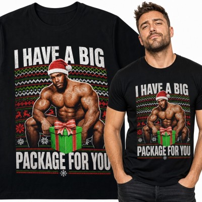 Koszulka męska „I have a big package for you” - świąteczny mem z mięśniakiem w czapce Mikołaja