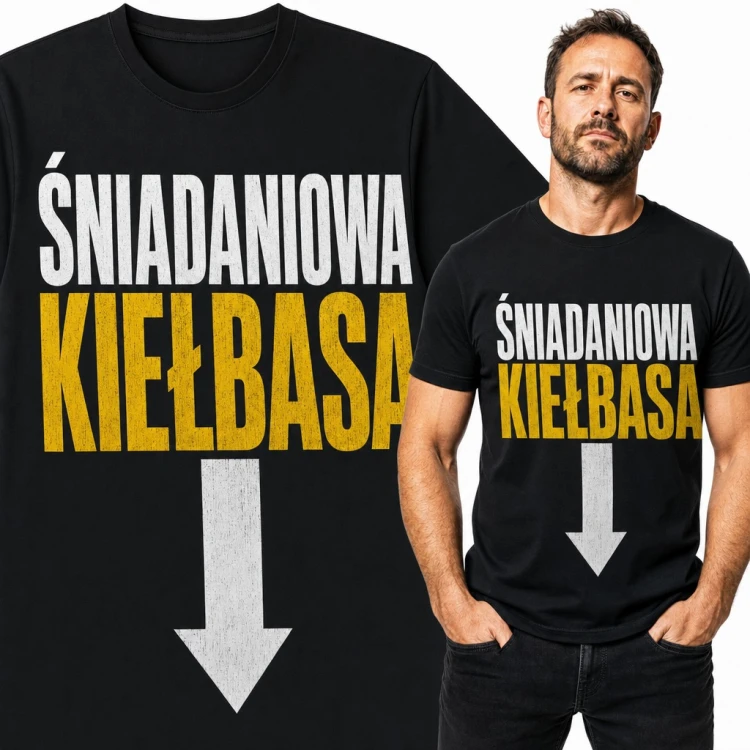 Koszulka męska „Śniadaniowa kiełbasa” - dwuznaczny żart ze strzałką w dół