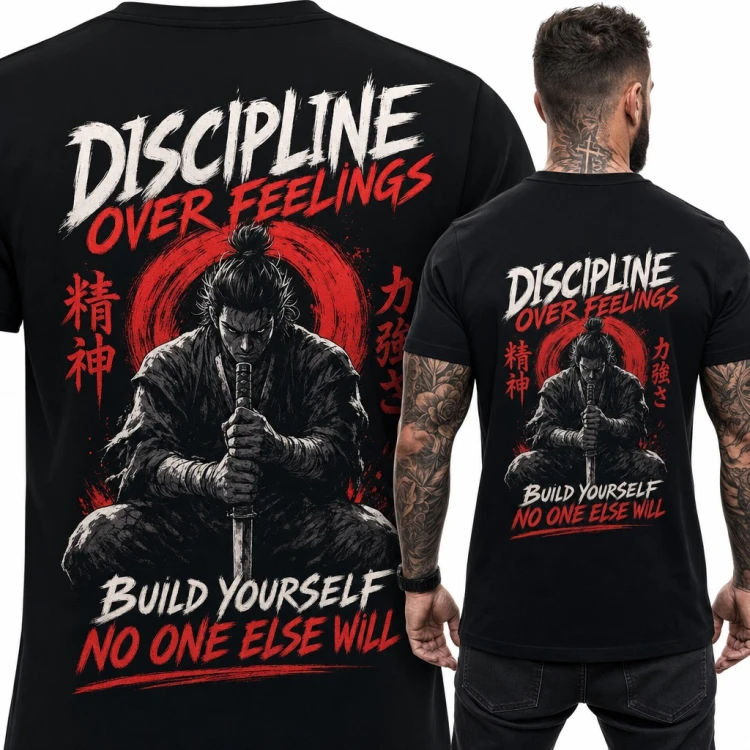Koszulka męska z samurajem i kataną „Discipline over feelings” - duży nadruk na plecach