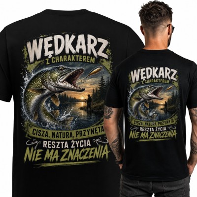 Koszulka męska „Wędkarz z charakterem” ze szczupakiem - duży nadruk na plecach