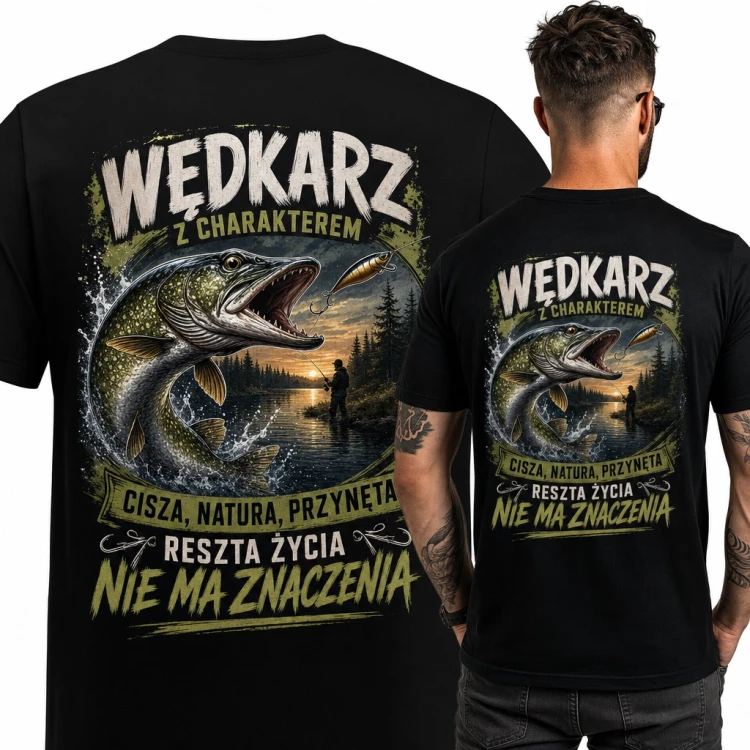 Koszulka męska „Wędkarz z charakterem” ze szczupakiem - duży nadruk na plecach
