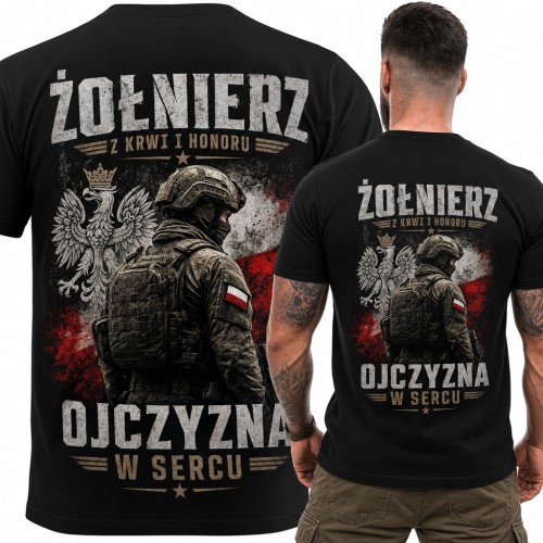 Koszulka męska „Żołnierz z krwi i honoru. Ojczyzna w sercu” z orłem - duży nadruk na plecach