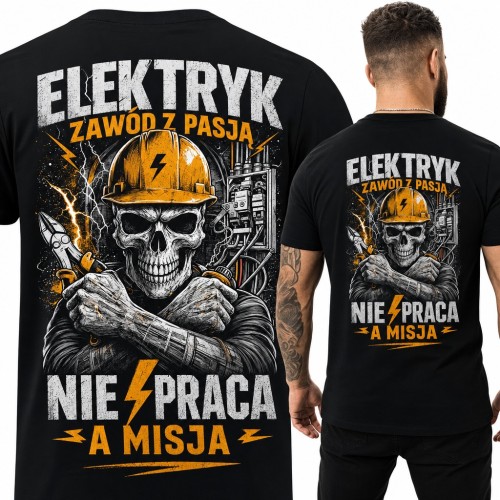 Koszulka męska „Elektryk zawód z pasją nie praca a misja” z czaszką w kasku - duży nadruk na plecach