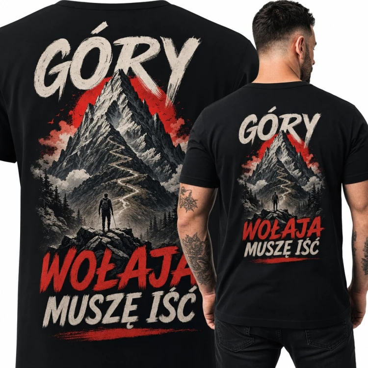 Koszulka męska „Góry wołają, muszę iść” z turystą na szczycie - duży nadruk na plecach