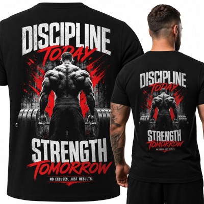 Koszulka męska „Discipline today. Strength tomorrow” - kulturysta ze sztangą, duży nadruk na plecach