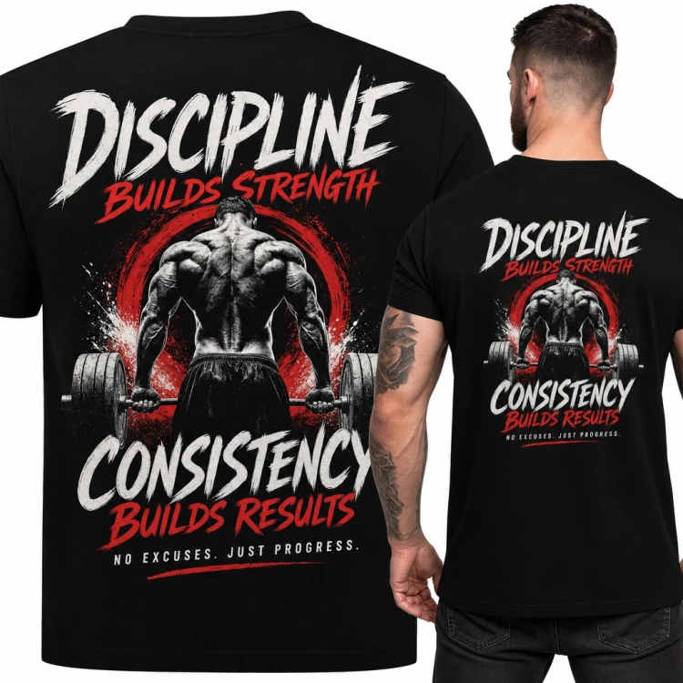Koszulka męska „Discipline builds strength” - kulturysta ze sztangą - duży nadruk na plecach