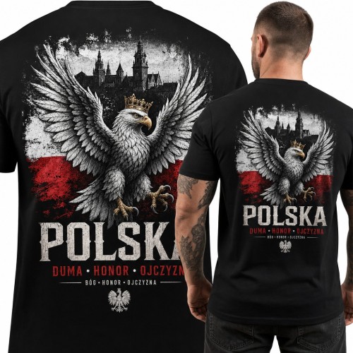 Koszulka męska Orzeł z koroną i Wawel „Polska” - duży nadruk na plecach