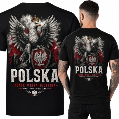 Koszulka męska „Polska” - orzeł w koronie z tarczą i hasłem Honor Wiara Ojczyzna - duży nadruk na plecach