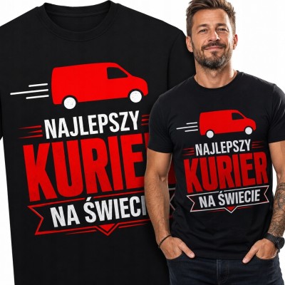 Koszulka męska dla kuriera „Najlepszy kurier na świecie” - czerwony samochód dostawczy