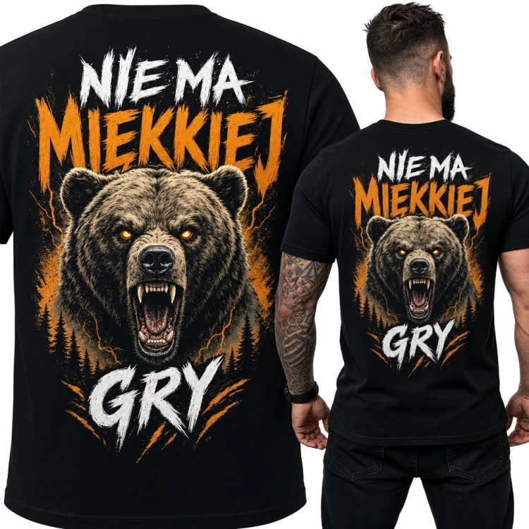 Koszulka męska z ryczącym niedźwiedziem „Nie ma miękkiej gry” - duży nadruk na plecach