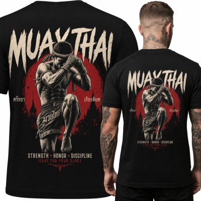 Koszulka męska „Muay Thai” - zawodnik w gardzie na tle czerwonego słońca - duży nadruk na plecach