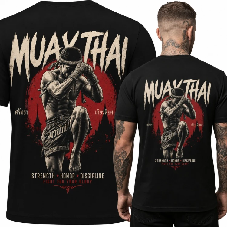 Koszulka męska „Muay Thai” - zawodnik w gardzie na tle czerwonego słońca - duży nadruk na plecach