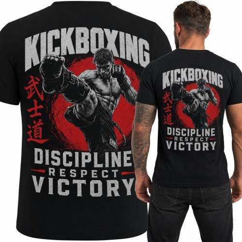 Koszulka męska „Kickboxing Discipline Respect Victory” - wojownik z kopnięciem i znakami bushido - duży nadruk na plecach