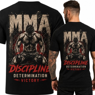 Koszulka męska MMA - zawodnik w klatce i hasło „Discipline Determination Victory” - duży nadruk na plecach