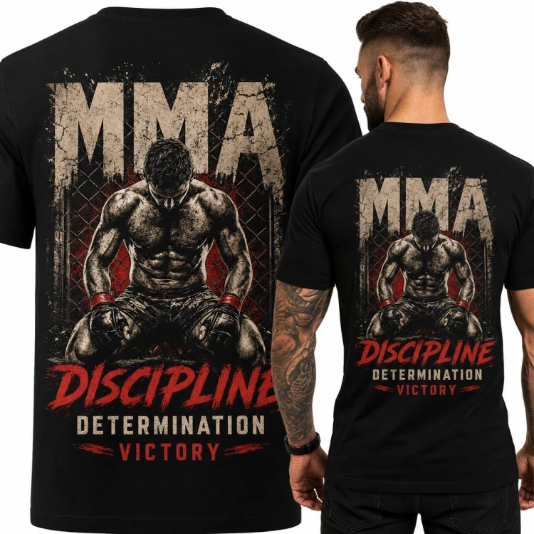 Koszulka męska MMA - zawodnik w klatce i hasło „Discipline Determination Victory” - duży nadruk na plecach