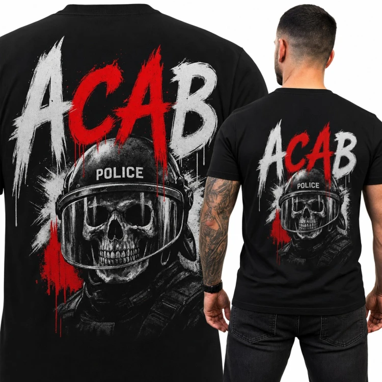 Koszulka męska „ACAB” - czaszka w policyjnym kasku dla kibica - duży nadruk na plecach