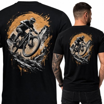Koszulka męska z rowerzystą MTB skaczącym w górach - duży nadruk na plecach