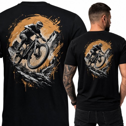 Koszulka męska z rowerzystą MTB skaczącym w górach - duży nadruk na plecach