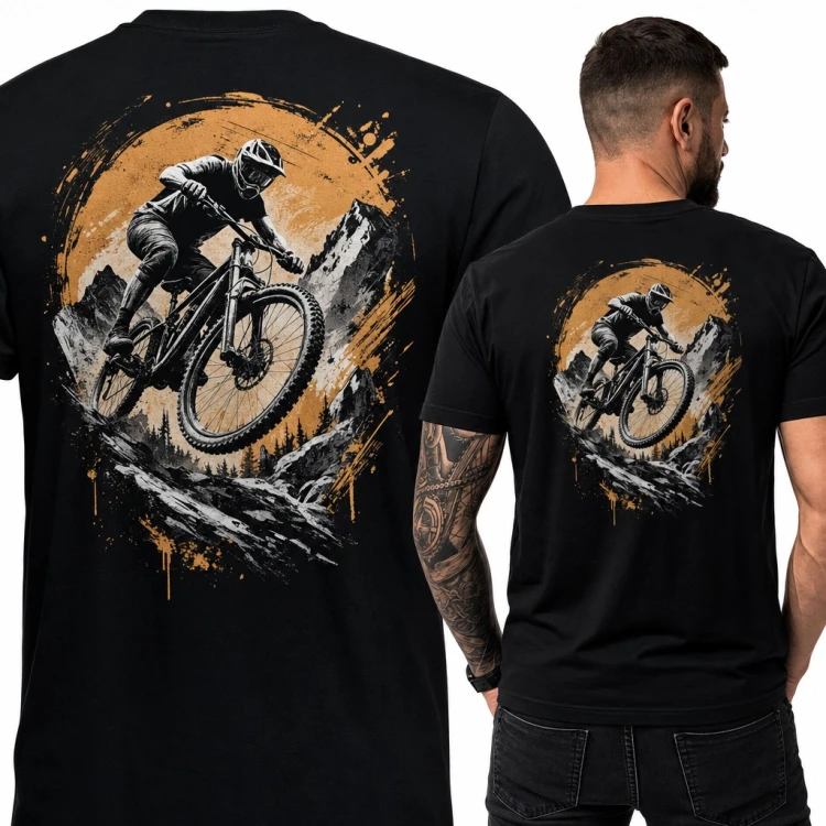 Koszulka męska z rowerzystą MTB skaczącym w górach - duży nadruk na plecach