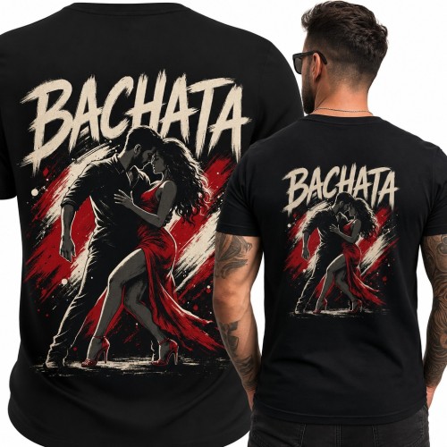 Koszulka męska „Bachata” z tańczącą parą dla tancerza - duży nadruk na plecach