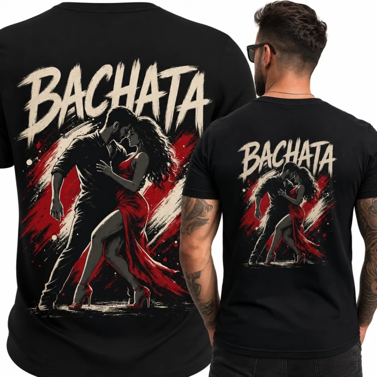 Koszulka męska „Bachata” z tańczącą parą dla tancerza - duży nadruk na plecach
