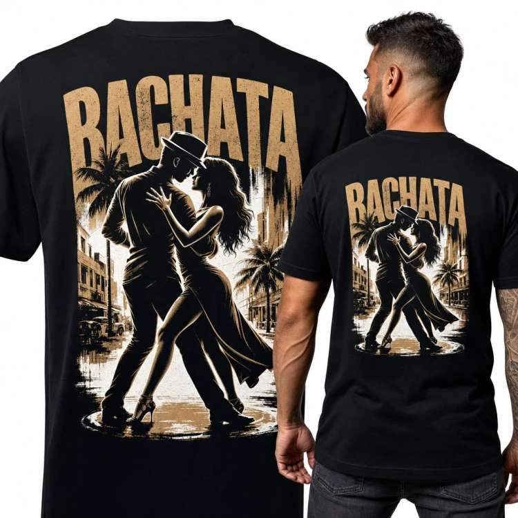Koszulka męska „Bachata” z tańczącą parą i palmami - duży nadruk na plecach