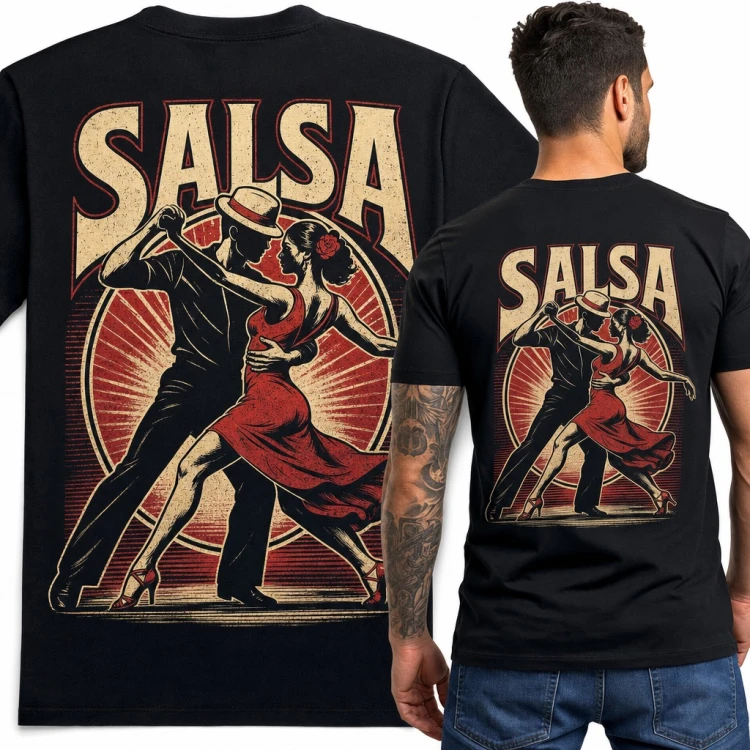 Koszulka męska „Salsa” - para tancerzy latino w stylu retro - duży nadruk na plecach