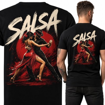 Koszulka męska „Salsa” z parą tancerzy na czerwonym kole - duży nadruk na plecach