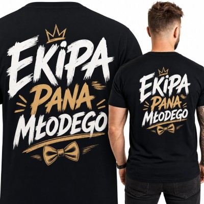 Koszulka męska „Ekipa pana młodego” z muchą i koroną - duży nadruk na plecach