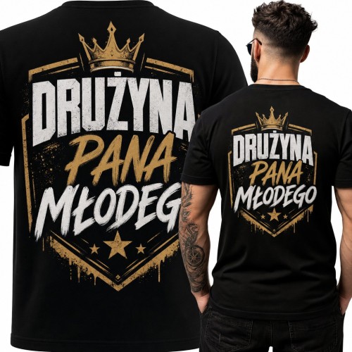 Koszulka męska „Drużyna pana młodego” z koroną i tarczą - duży nadruk na plecach